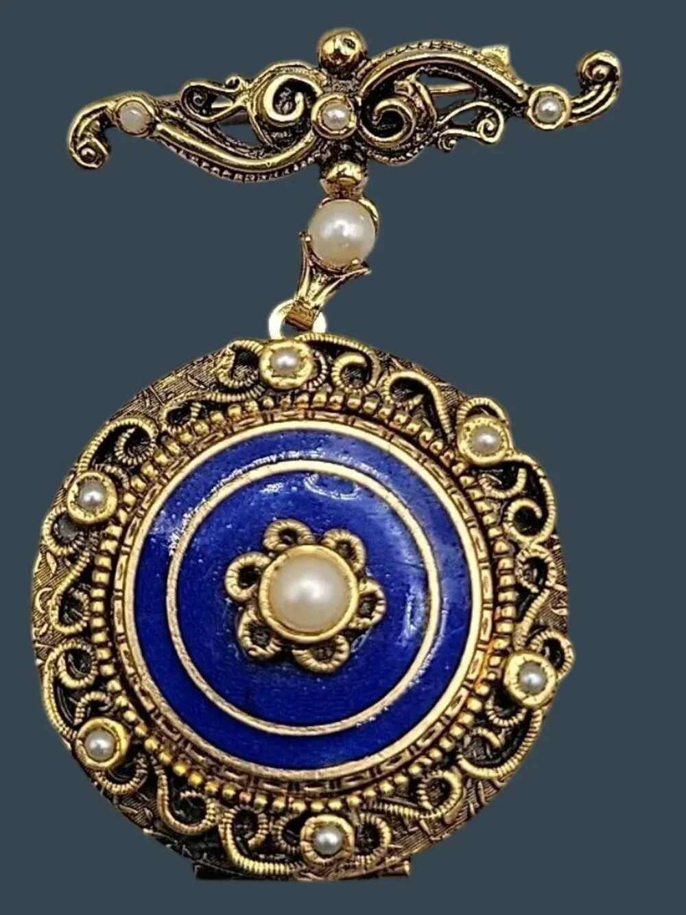 Vintage Victorian Revival Blue Enamel Faux Pearl Dangling Photo Locket brooch